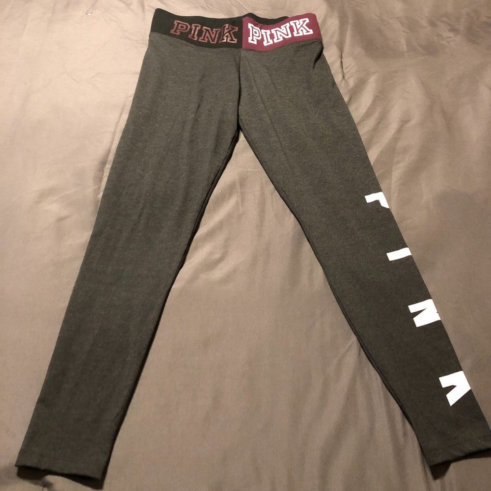 PINK Dark Gray White Letter Leg Yoga Pants Women's Size Medium